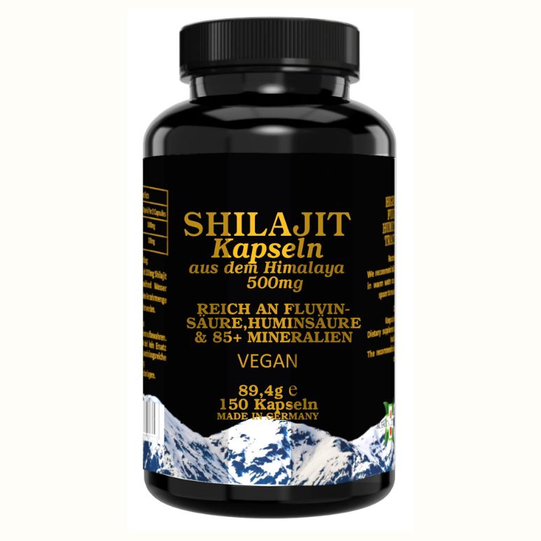 Schwarze Flasche mit Shilajit Kapseln. Aufschrift: Shilajit Kapseln aus dem Himalaya, 500mg, vegan. Mit Bergmotiv.