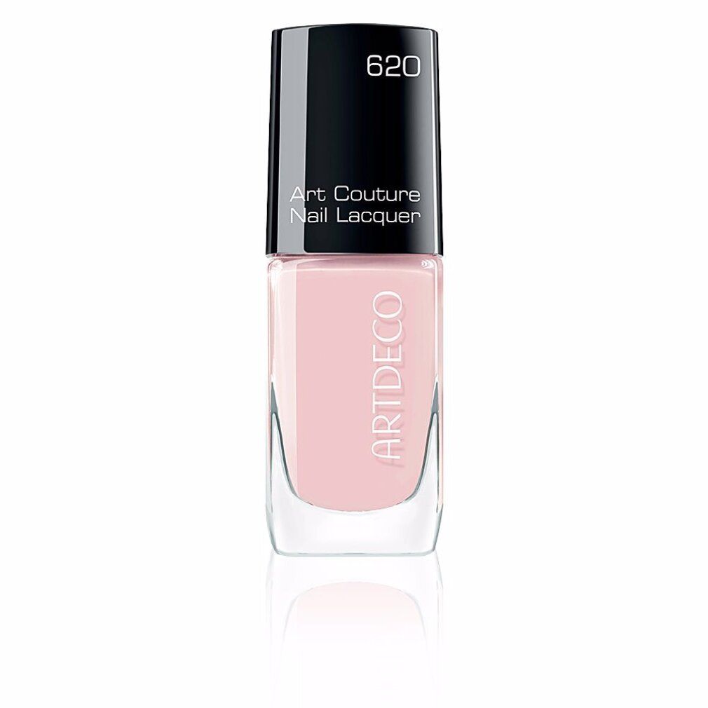 Artdeco Art Couture Nagellack, Farbton 620, rosa. Quadratische Glasflasche mit schwarzem Deckel, Spiegelung.