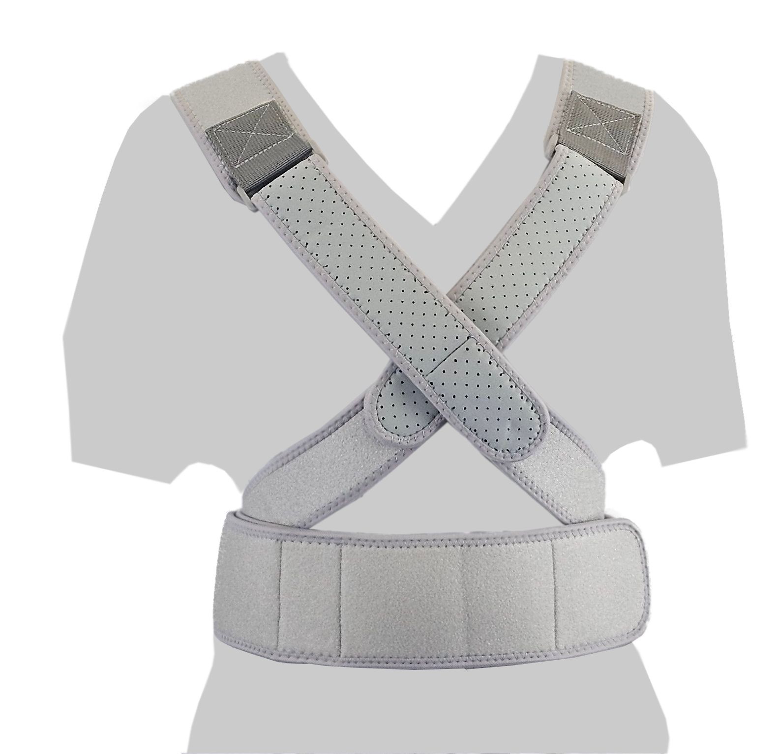 Graue Rückenstütze mit gekreuzten Schultergurten und Hüftgurt. Perforiertes Material.