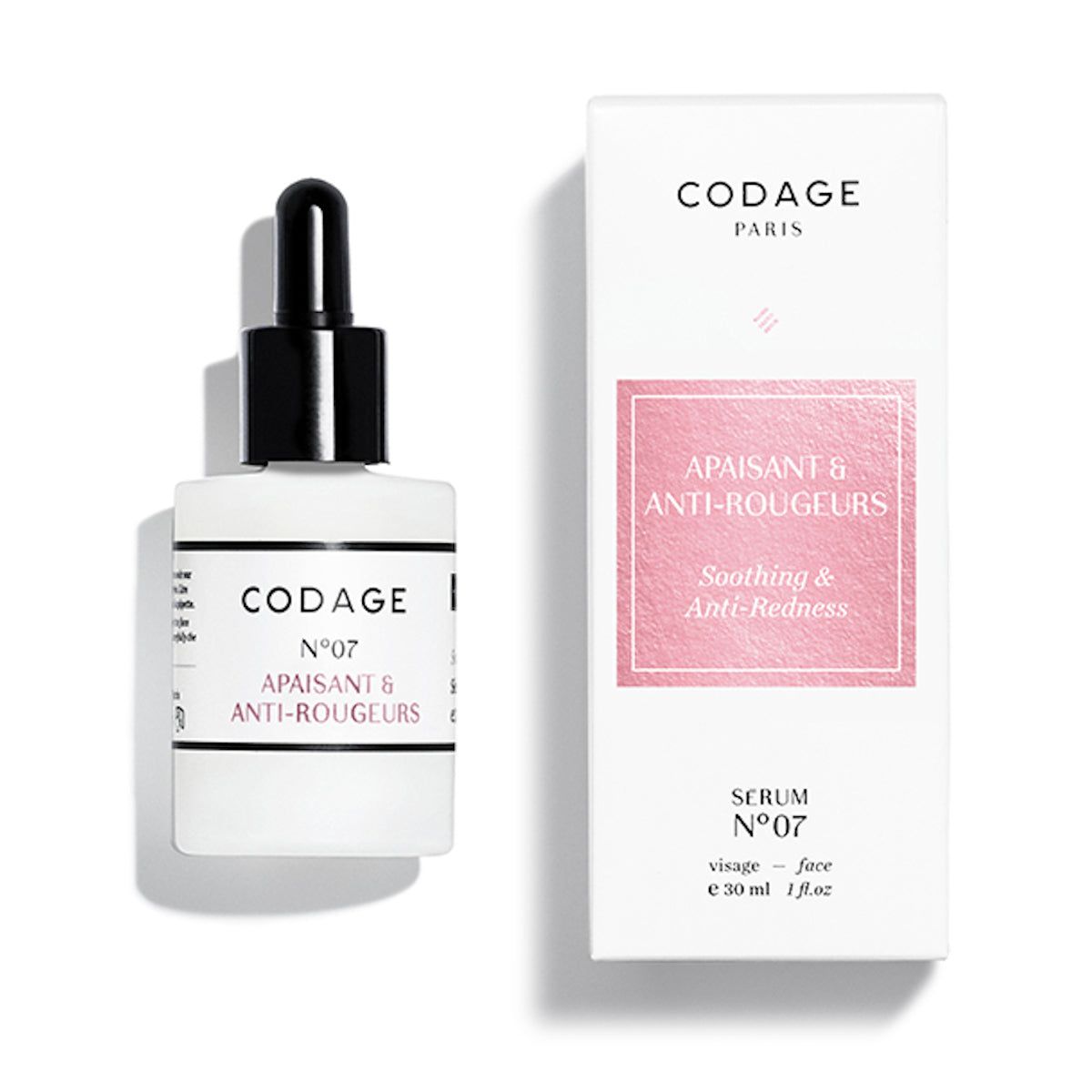 Weißes Serumfläschchen und Verpackung. Aufschrift: CODAGE, Sérum N 07 Apaisant & Anti-Rougeurs. Mit schwarzer Pipette.