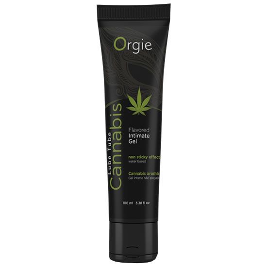 Schwarze Tube mit "Orgie"-Logo und Cannabis-Blatt. Text: "Cannabis", "Flavored Intimate Gel", "Cannabis aroma".