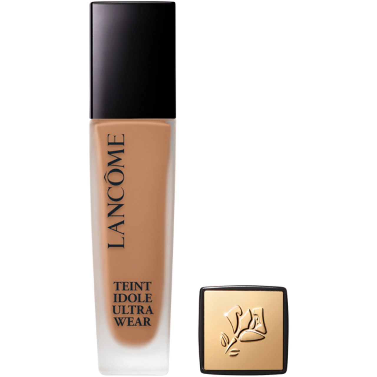 Lancôme Teint Idole Ultra Wear. Flakon mit schwarzem Deckel, daneben Deckel. Produkttext und Logo sichtbar.
