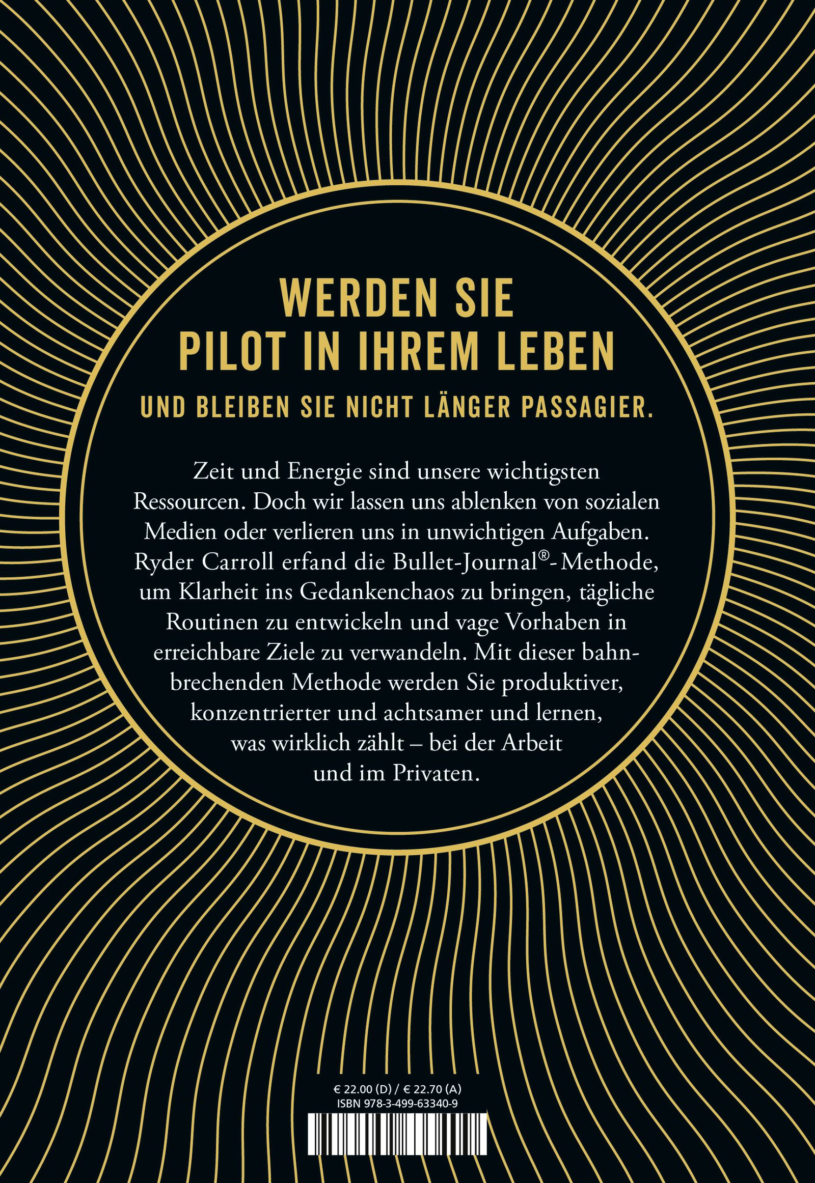 Buchrückseite: "Werden Sie Pilot in Ihrem Leben". Schwarzer Hintergrund, goldene Schrift. Text und Preisangabe.