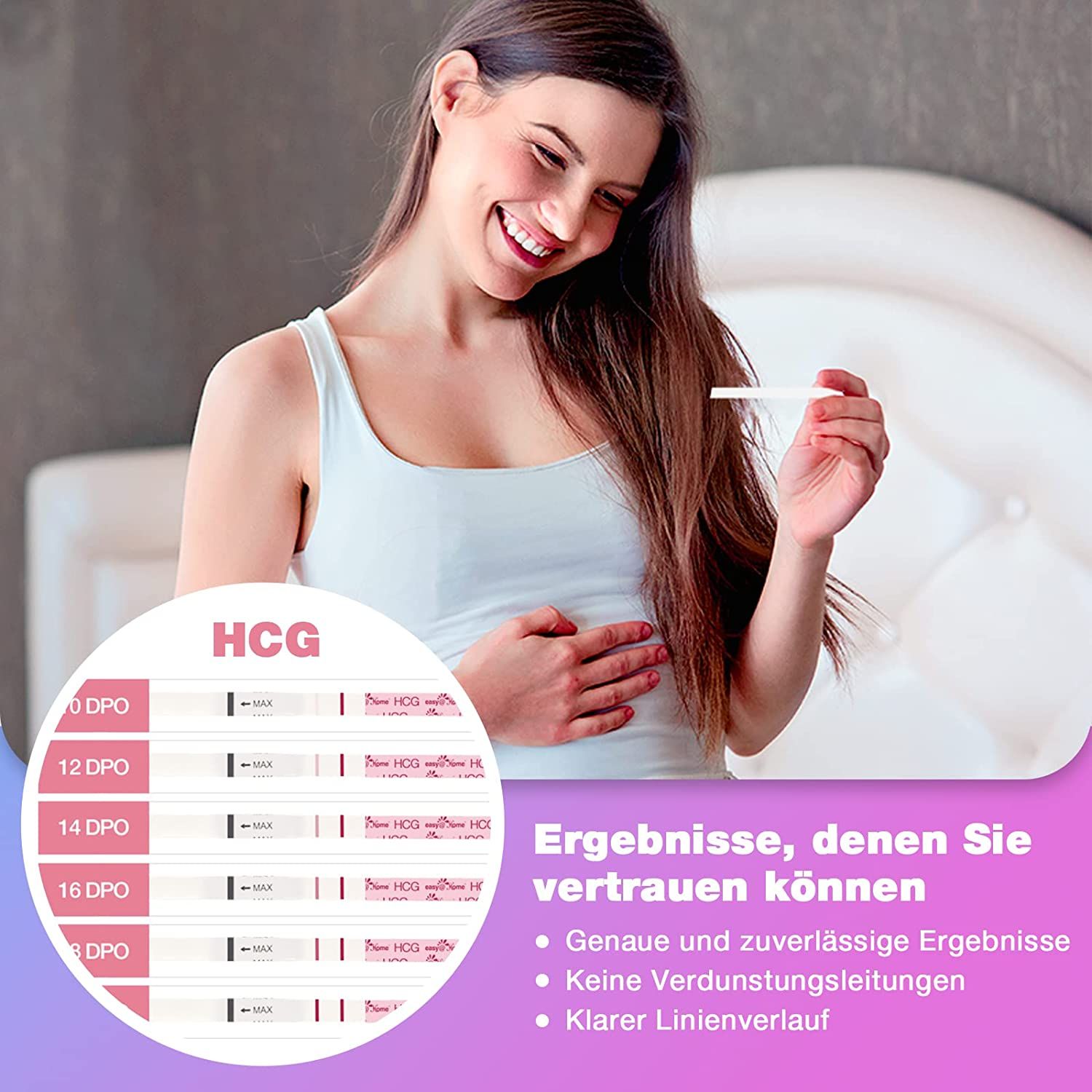 Frau hält einen Teststreifen. Ergebnisse auf Teststreifen und Diagramm. Text: 'Ergebnisse, denen Sie vertrauen können'.