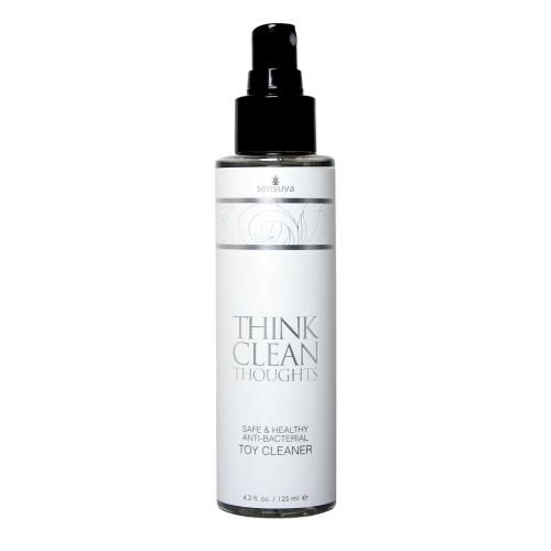 Weiße Flasche mit schwarzem Sprühkopf. Aufschrift: Think Clean Thoughts, Safe & Healthy Anti-Bacterial Toy Cleaner.