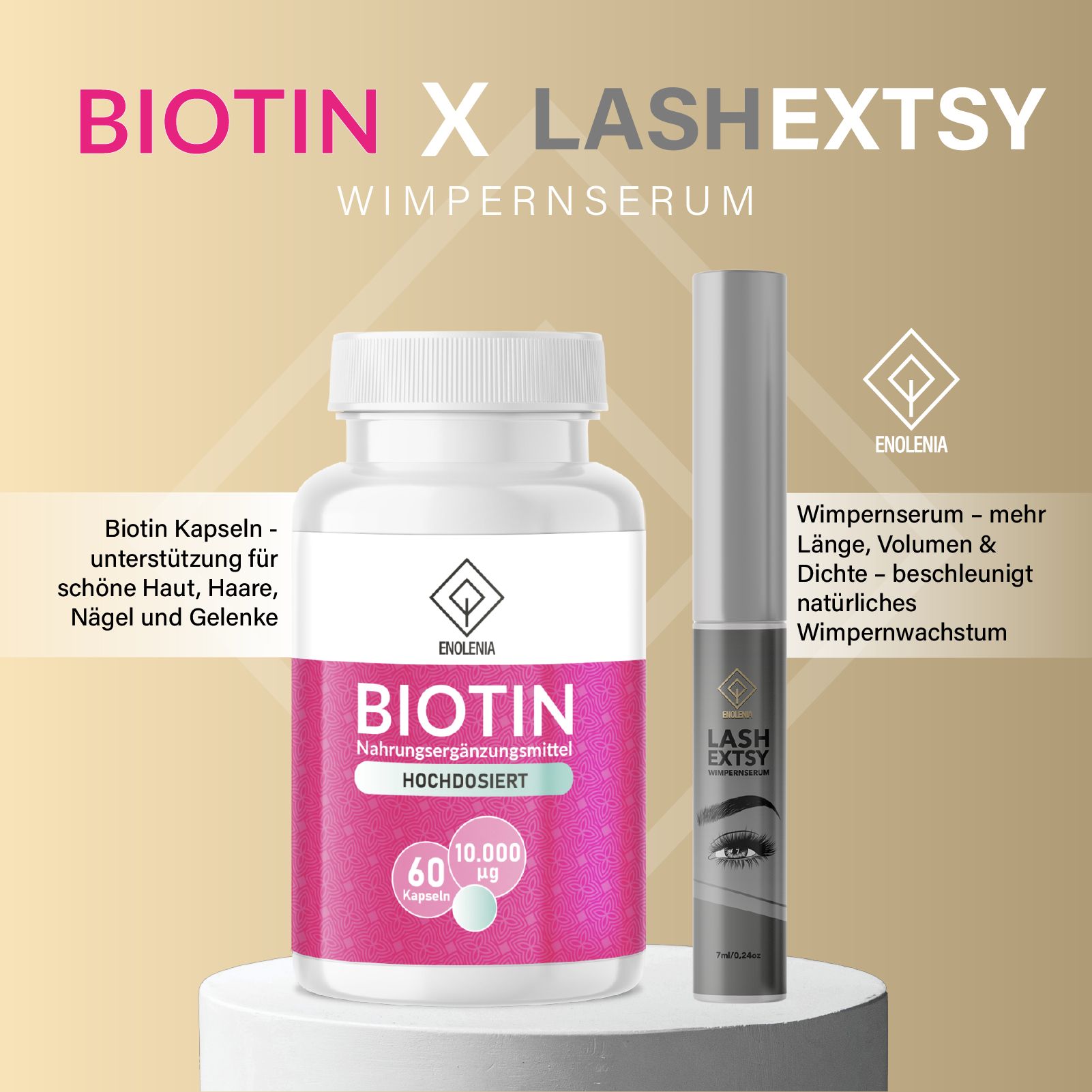 Biotin-Kapseln und Wimpernserum auf Podest. Weiße Kapsel-Dose mit pinkfarbenem Etikett. Graue Serum-Tube.