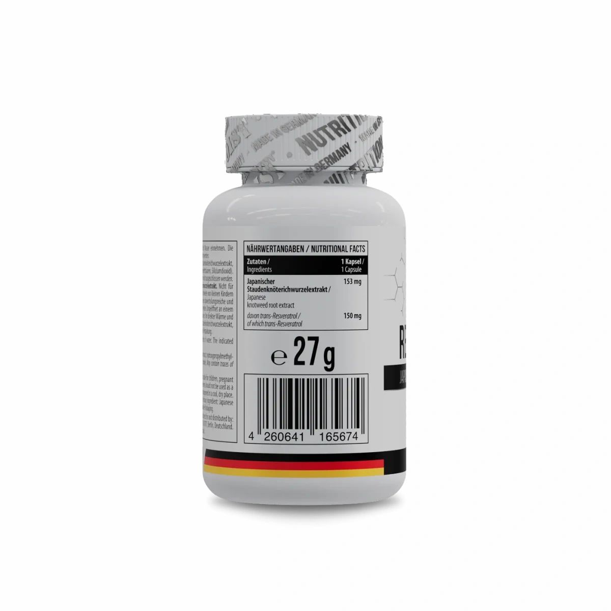 Rückseite einer weißen Flasche mit Kapseln. Barcode, Gewicht 27g, und Informationen.