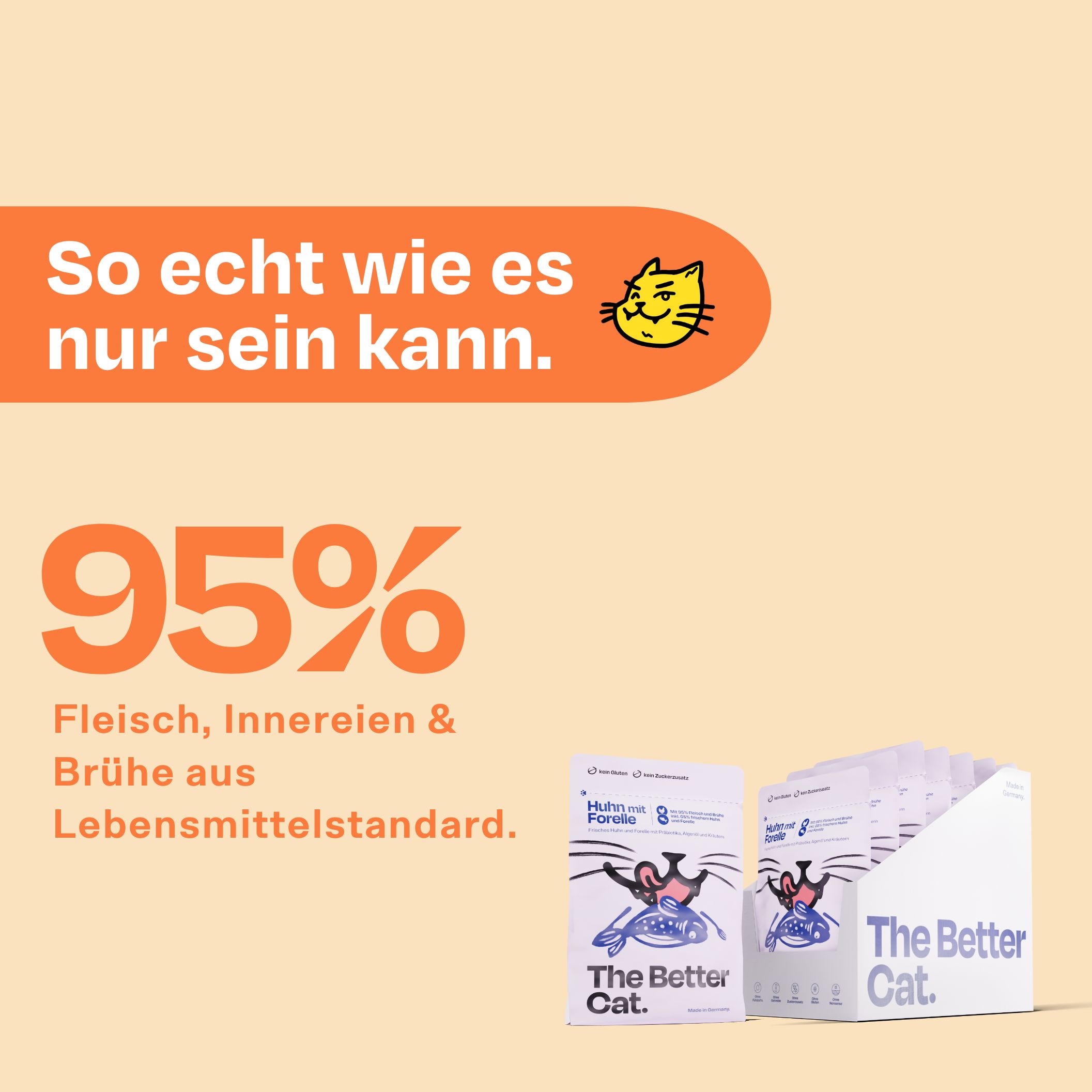 Text mit 95% Fleisch, Innereien & Brühe aus Lebensmittelstandard. Abbildung von Katzenfutterbeuteln und Karton.