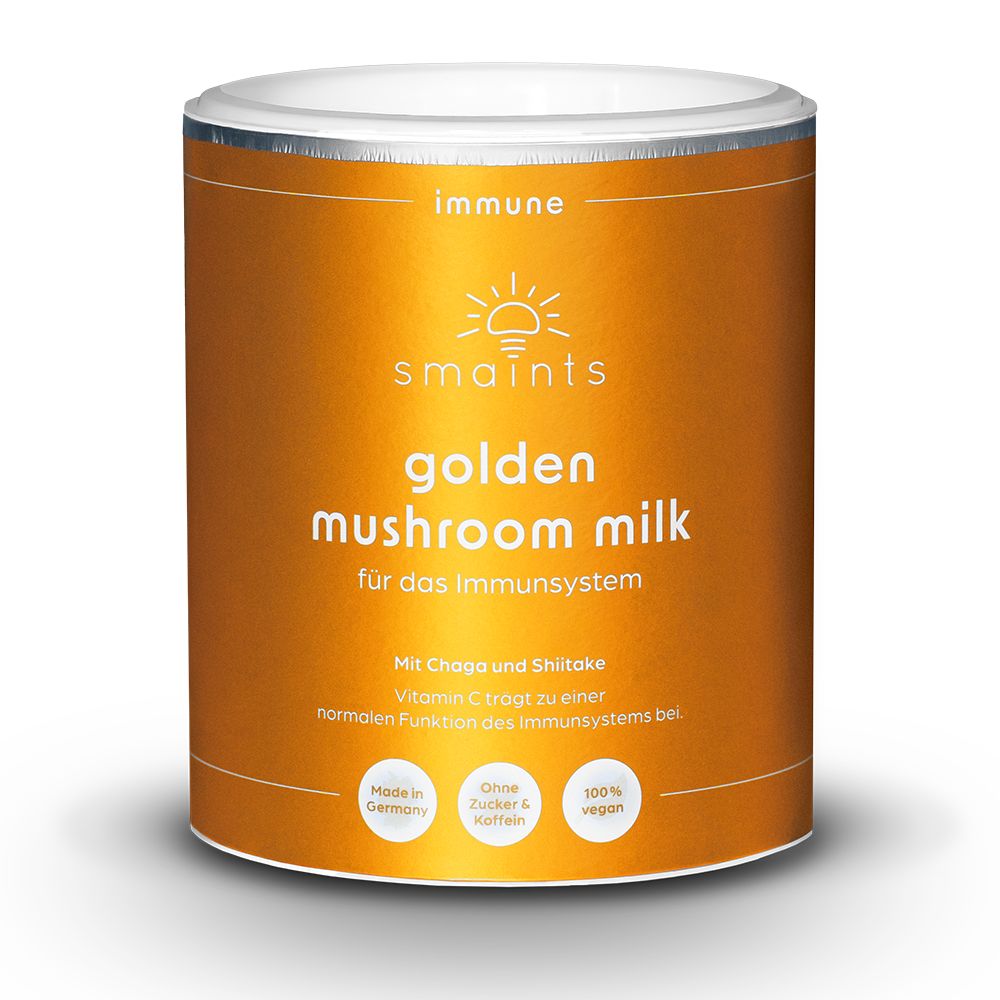 Dose mit smaints Golden Mushroom Milk. Mit Chaga und Shiitake. Ohne Zucker & Koffein. 100% vegan.