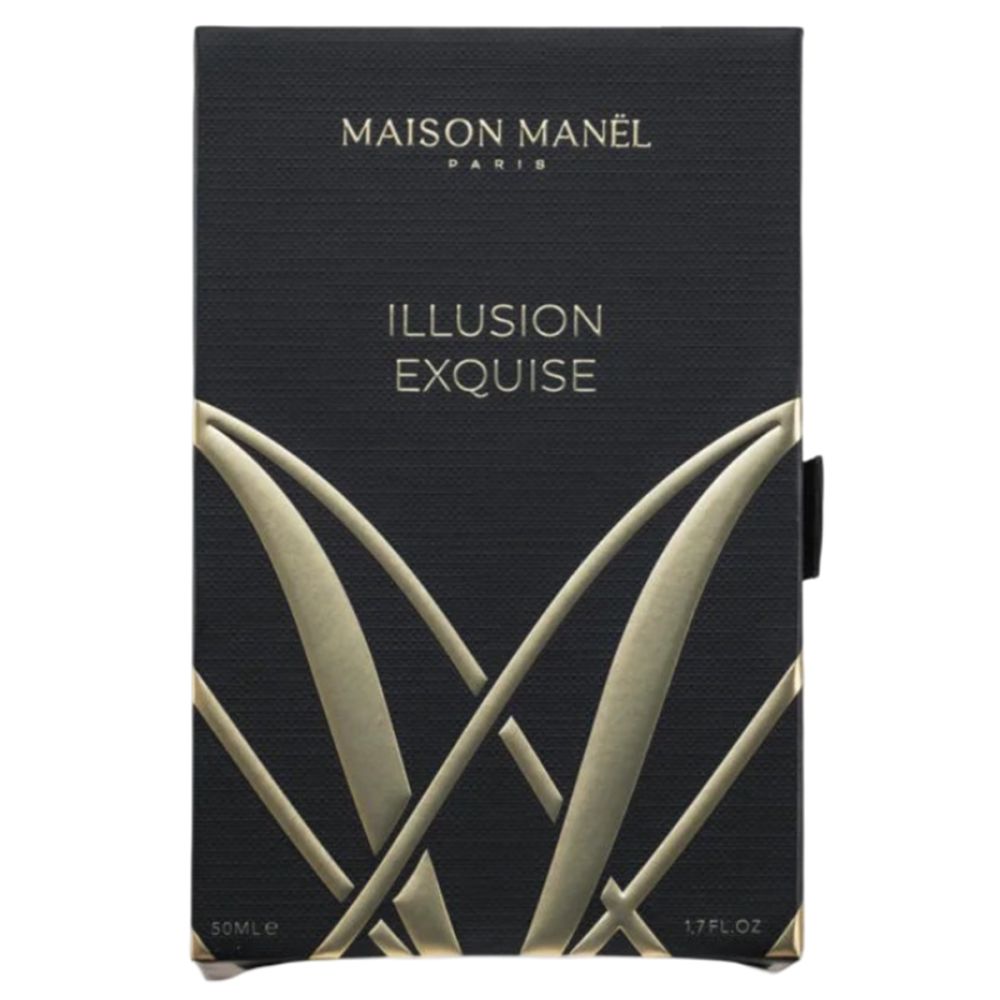 Schwarze Verpackung mit goldfarbenem Schriftzug MAISON MANEL PARIS und ILLUSION EXQUISE. 50ML und 1.7 FL.OZ.