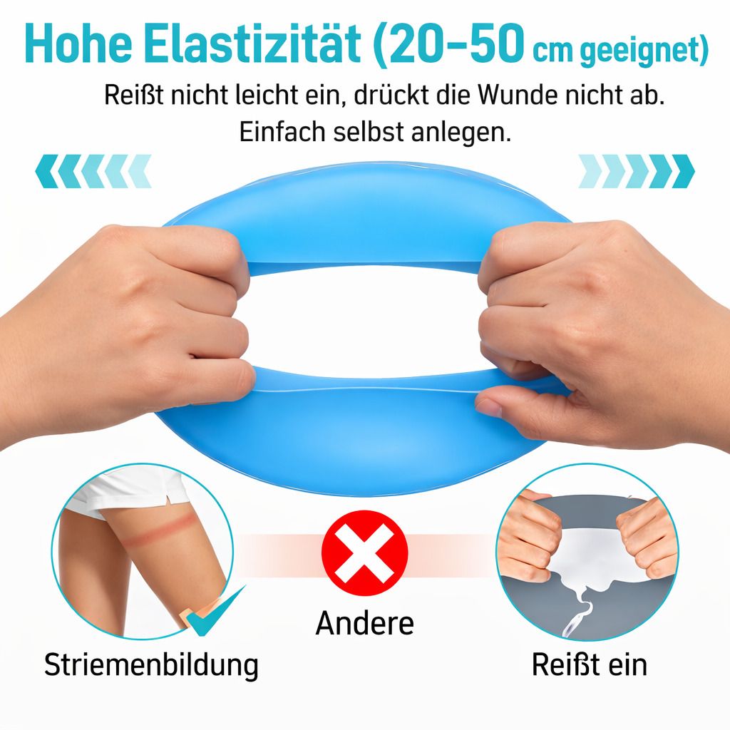 Duschschutzhülle für Bein. Blaue Silikonabdichtung. Dehnungstest. Zeigt Elastizität. Verhindert Striemenbildung. Reißt nicht.