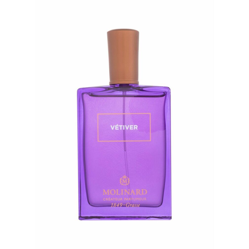 Violette Flasche mit goldfarbenem Text. Aufschrift: Vétiver, Molinard Créateur Parfumeur. Brauner Verschluss.