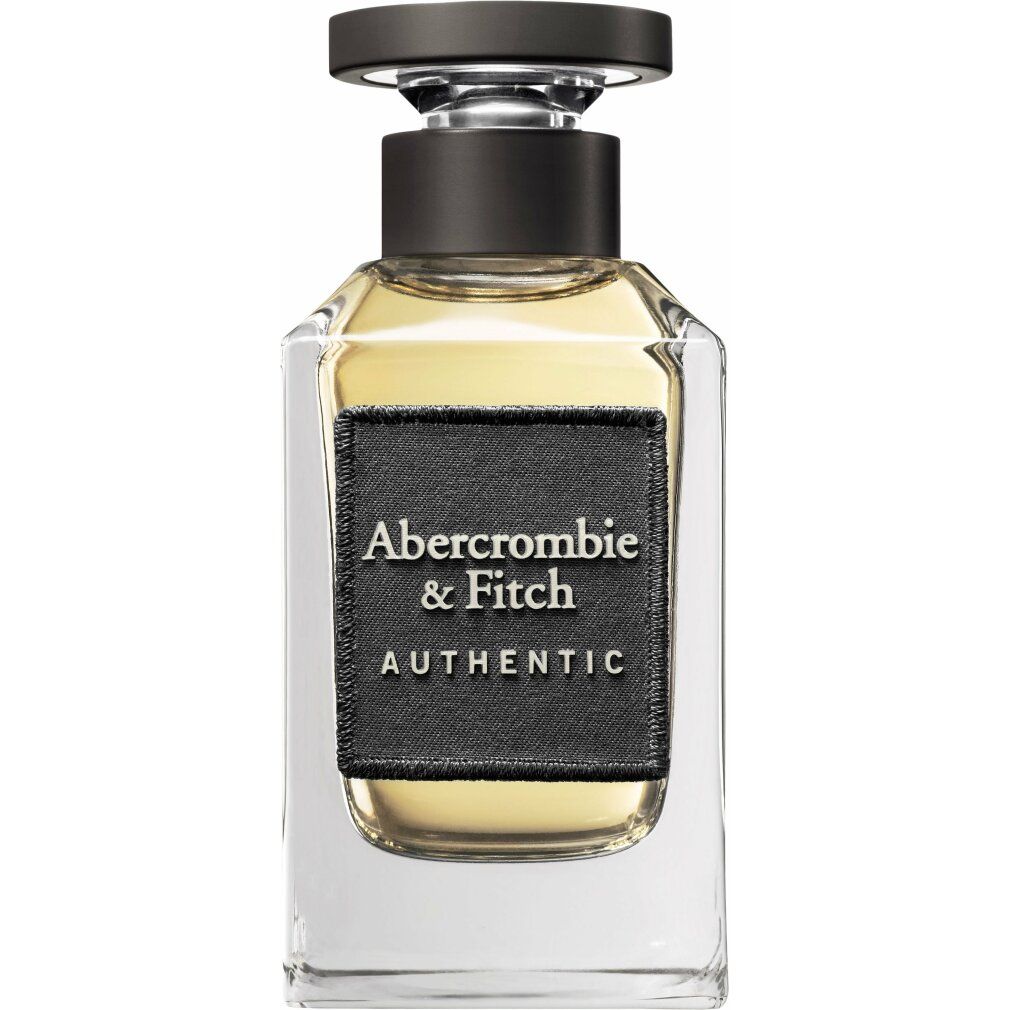 Glasflakon mit schwarzem Verschluss. Schwarzes Etikett mit "Abercrombie & Fitch AUTHENTIC".