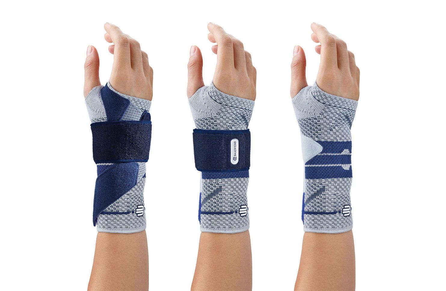 Handgelenkbandage in Grau und Blau. Drei Ansichten, unterschiedliche Bandagen-Verschlüsse. Logo sichtbar.