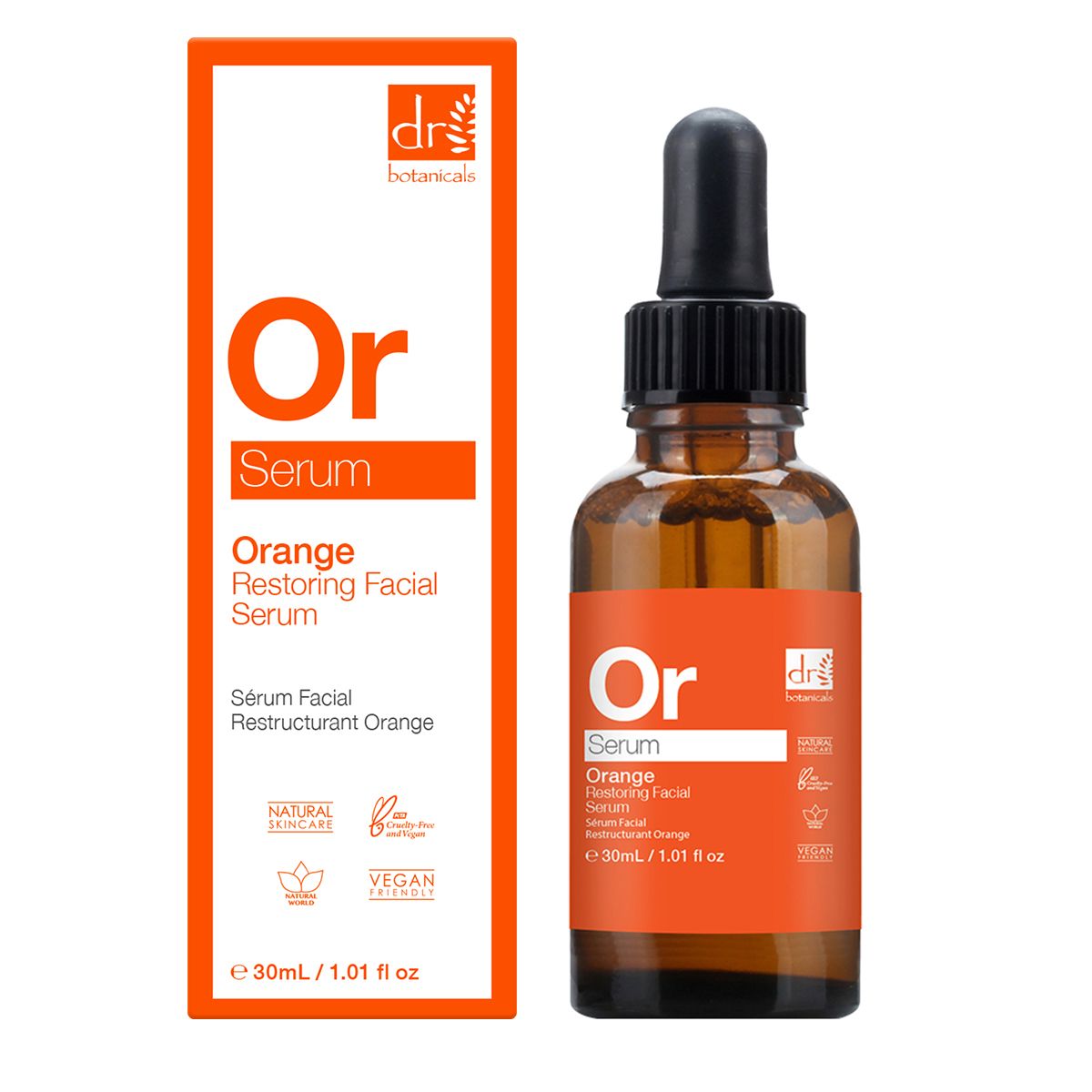 Dr Botanicals Orange Serum. Flasche mit Pipette und Verpackung. Orangefarbenes Etikett mit Produktinformationen. Vegan-Siegel.