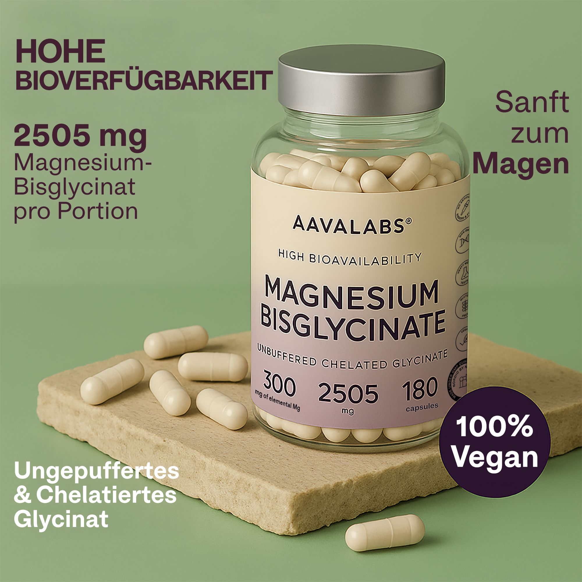 Flasche mit Kapseln und Text. Aufschrift: 2505 mg Magnesium-Bisglycinat. 100% Vegan. Ungepuffertes & chelatisiertes Glycinat.