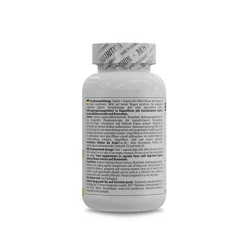 Rückseite einer weißen Flasche mit Kapseln. Text in Deutsch und Englisch. Grüner Aufkleber mit Informationen.