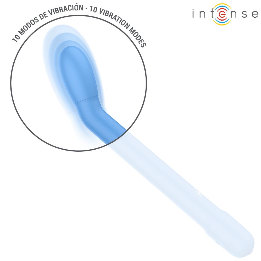 Blauer G-Punkt-Stimulator. 10 Vibrationsmodi. "Intense"-Logo.