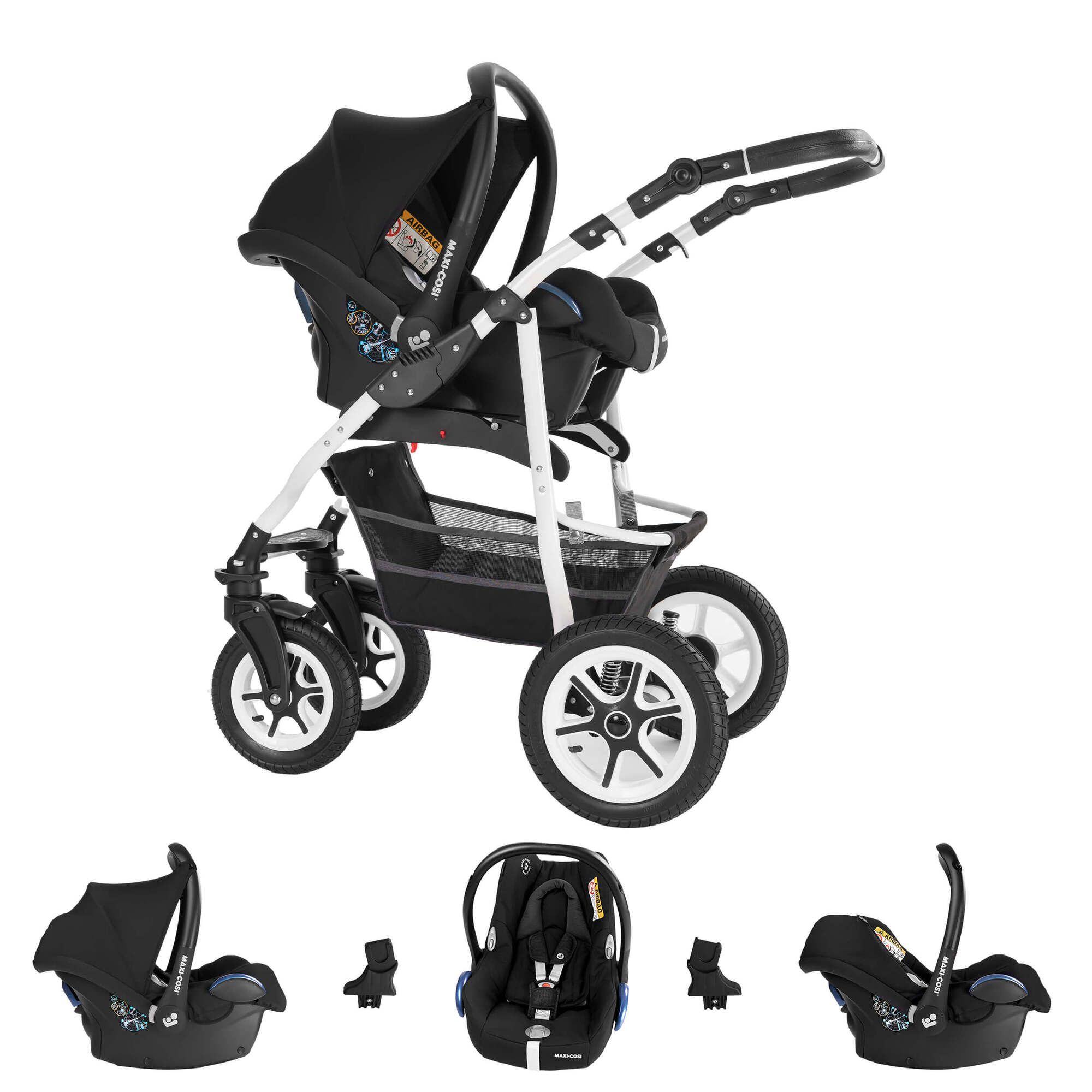Kinderwagen mit Maxi Cosi. Schwarz-weißes Design, vier Räder, zusammengeklappt. Mehrere Einzelteile.