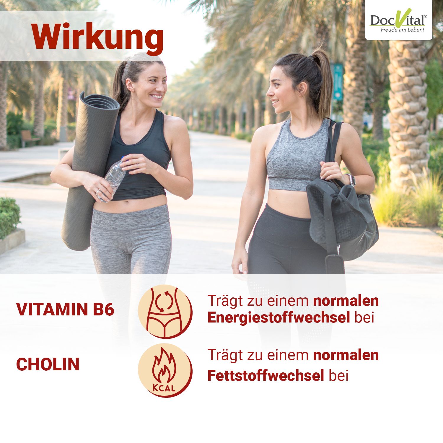 Zwei Frauen stehen. Text: Wirkung. Vitamin B6 und Cholin. DocVital Logo.