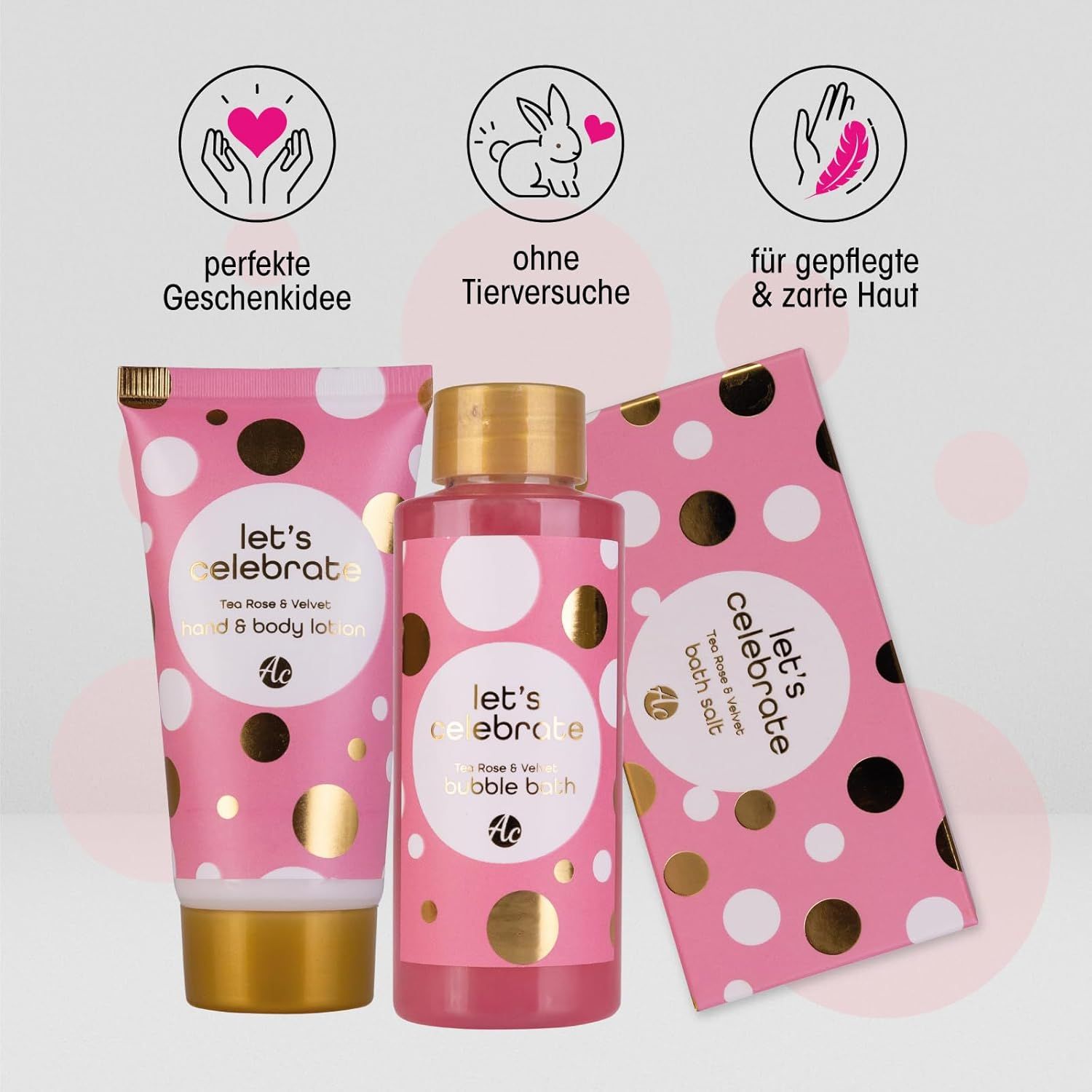 Rosa Produkte mit weißen und goldenen Punkten. Enthält Bodylotion, Duschgel und Badesalz. Text: Let's Celebrate, Rose & Velvet.