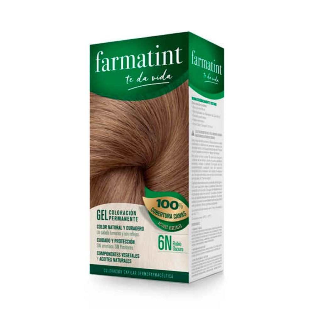 Farmatint-Haarfärbegel in Schachtel. Farbton 6N-Dunkelblond. 100% Grauhaarabdeckung. Gel-Formel. Natürliche Farbe und Glanz.