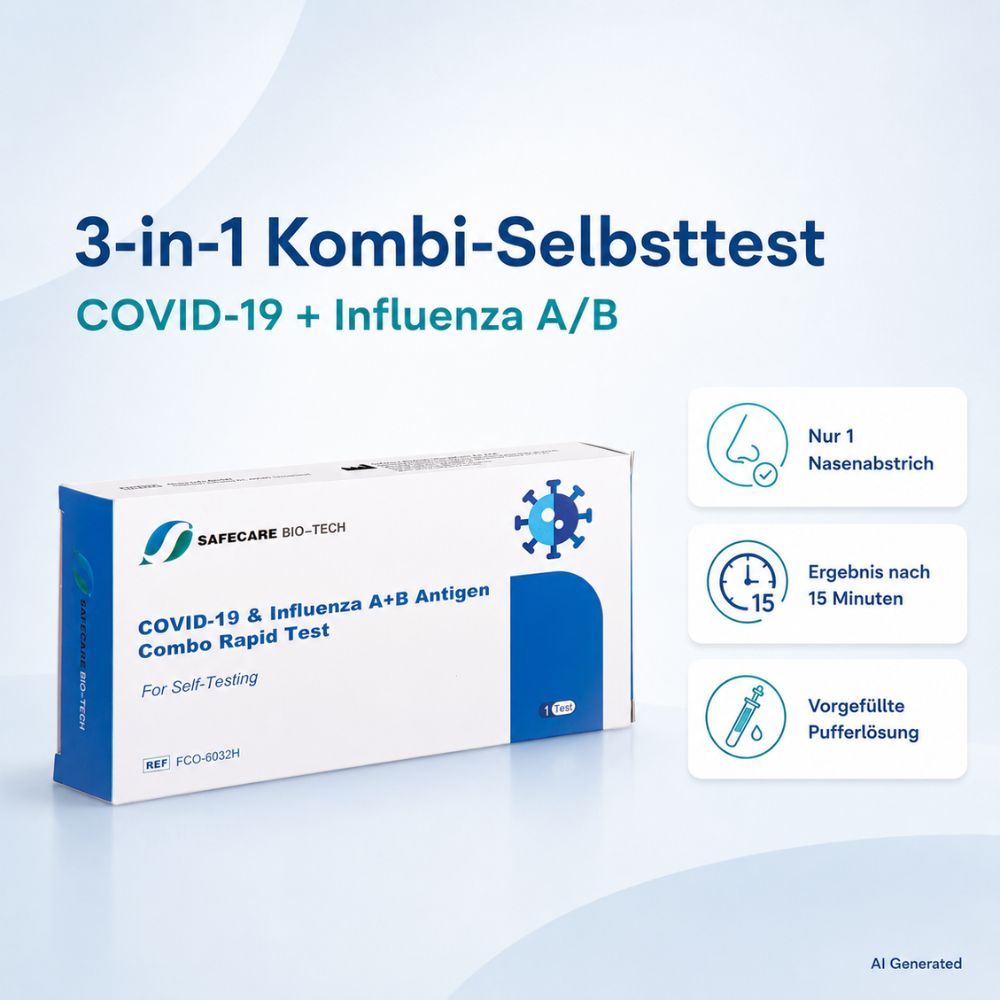 Safecare Bio-Tech 3-in-1 Kombi-Selbsttest: COVID-19 + Influenza A/B. Nur Nasenabstrich, Ergebnis in 15 Min.