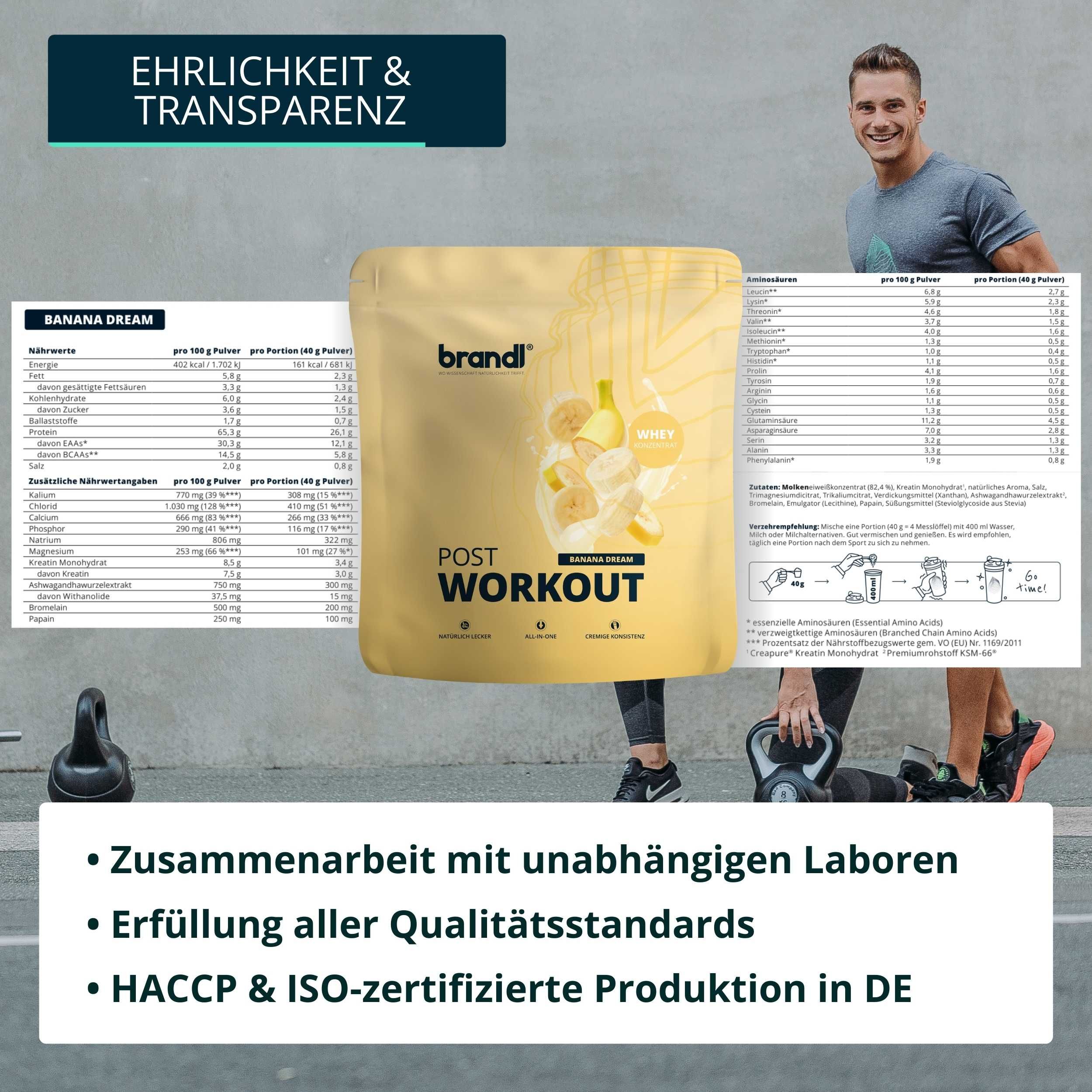 Beutel 'brandl' Protein-Pulver, Text: 'POST WORKOUT'. Tabellen mit Nährwertangaben. Text: Zusammenarbeit mit Laboren, Qualität.