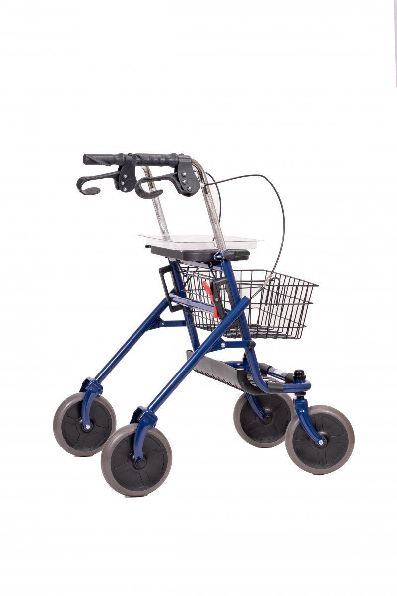 Blauer ANTAR Stahl Rollator mit Korb, Tablett und vier Rädern. Griffe und Bremsen sichtbar.
