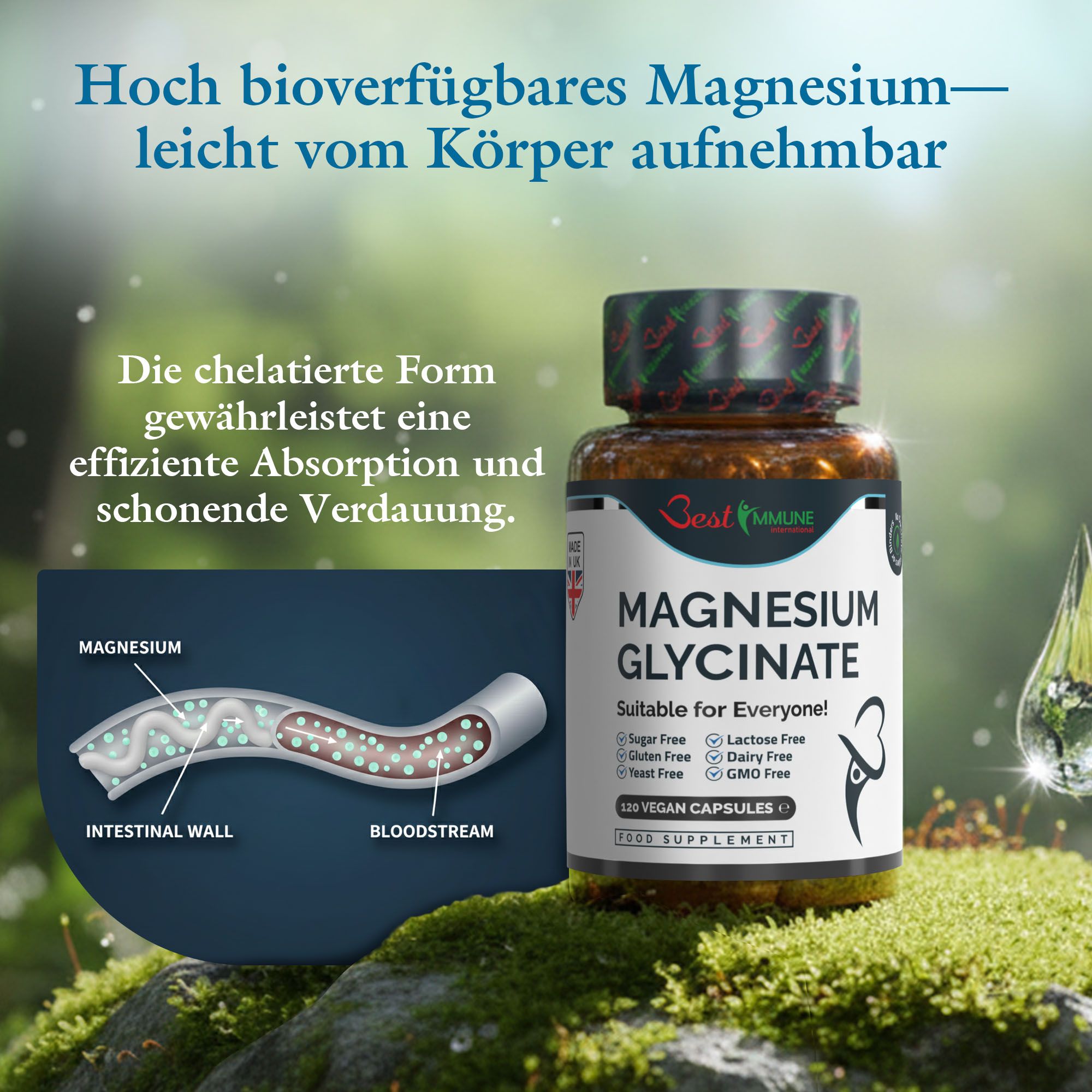 Magnesiumglycinat-Flasche mit Infografik zur Darmwand und zum Blutkreislauf. Hohe Bioverfügbarkeit.