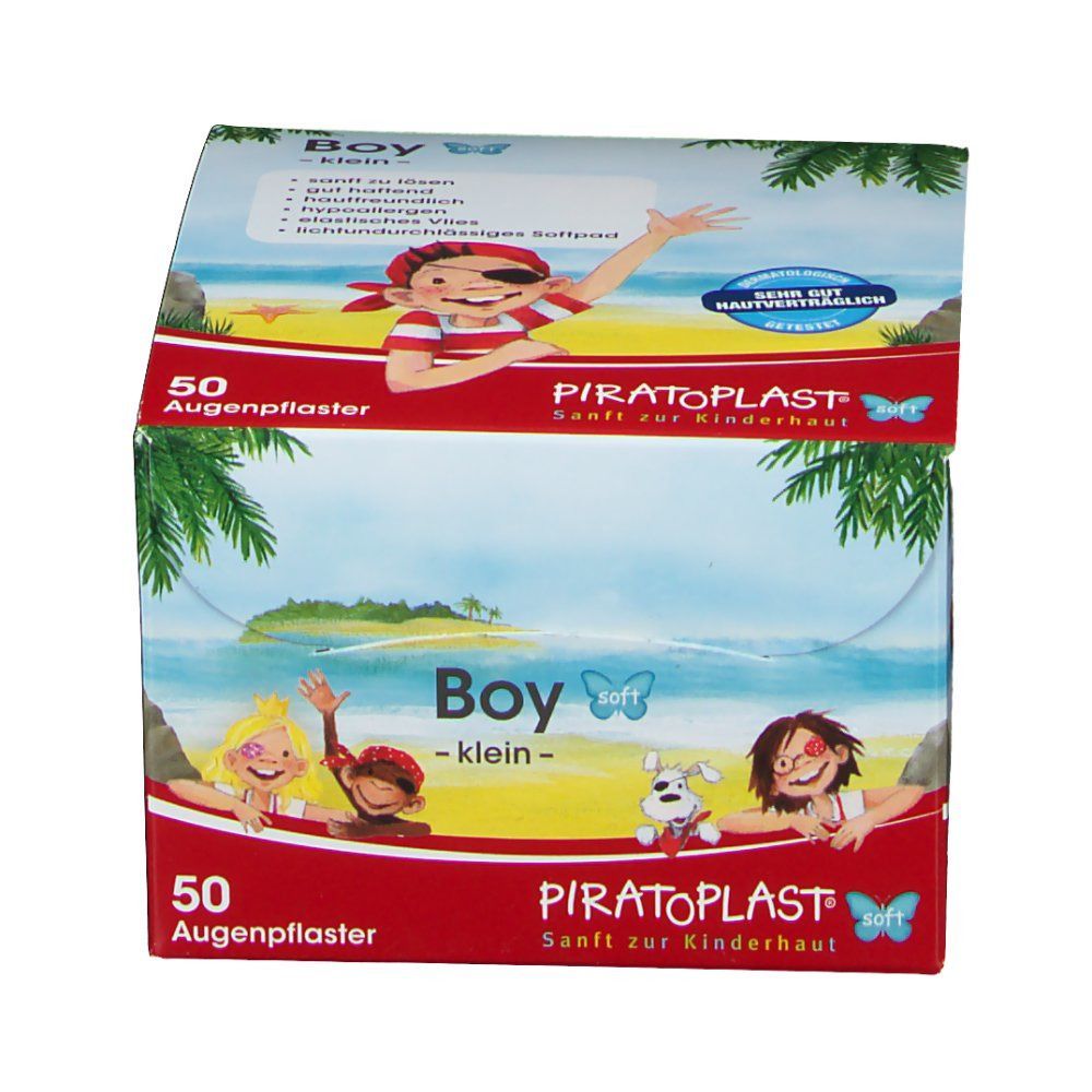 PIRATOPLAST® Boy soft klein-Box mit 50 Augenpflastern. Verpackung mit Piratenmotiv, Strandhintergrund und Produktinformationen.