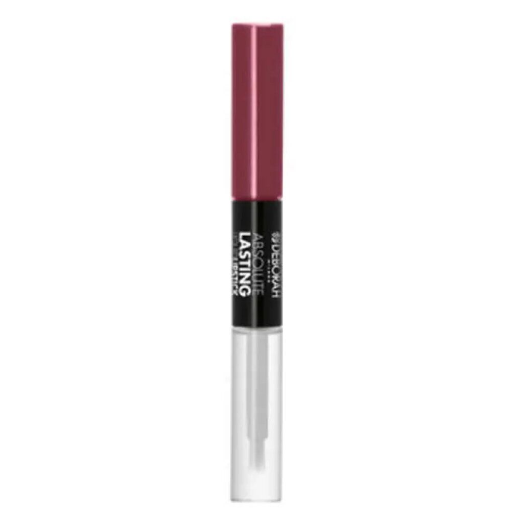Doppel-Lippenstift. Dunkelroter Lippenstift und transparente Applikator-Seite. Schwarzer Mittelteil mit Schriftzug: Absolute Lasting Lipstick.