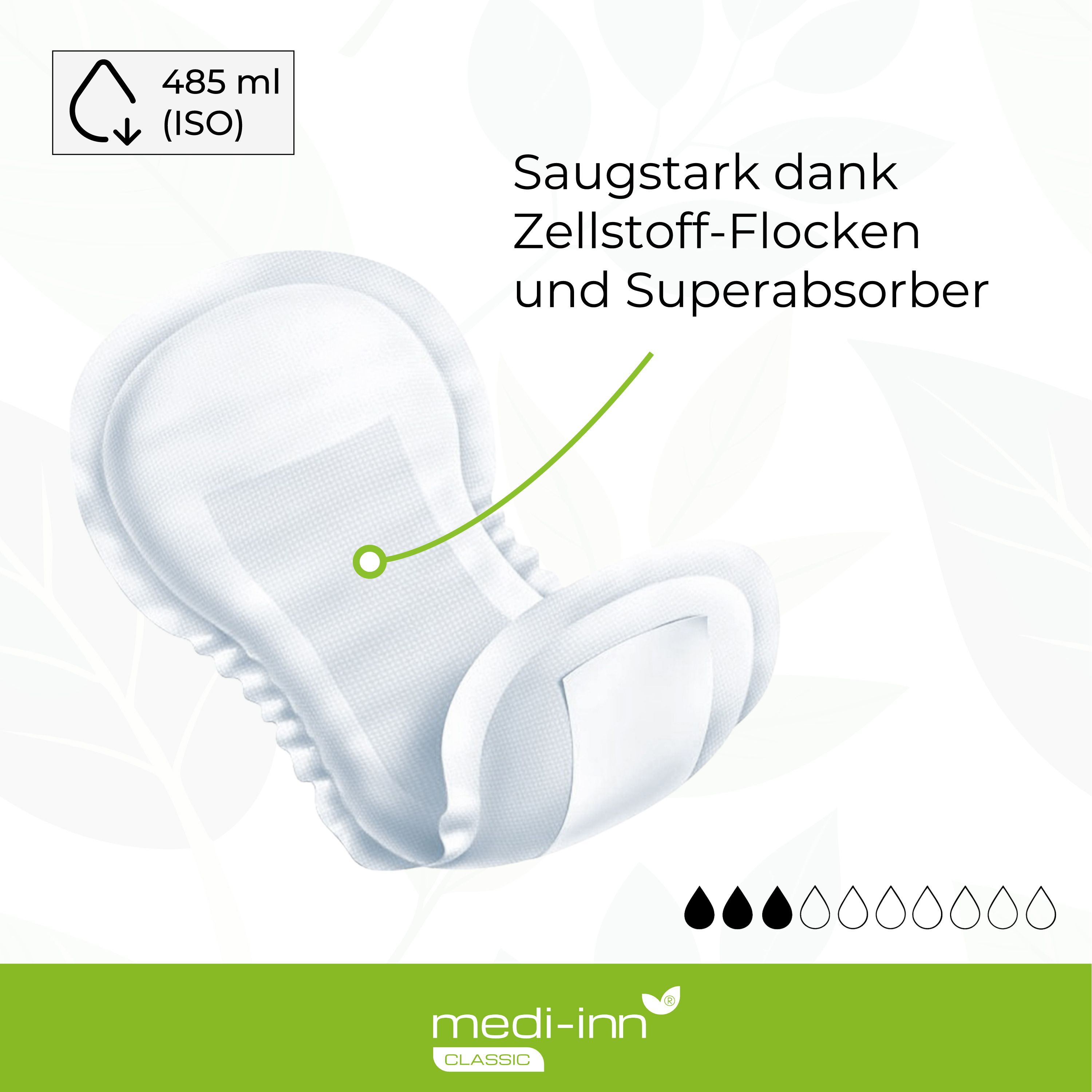 Weiße Inkontinenzeinlage. Beschriftung: saugstark, 485 ml (ISO).