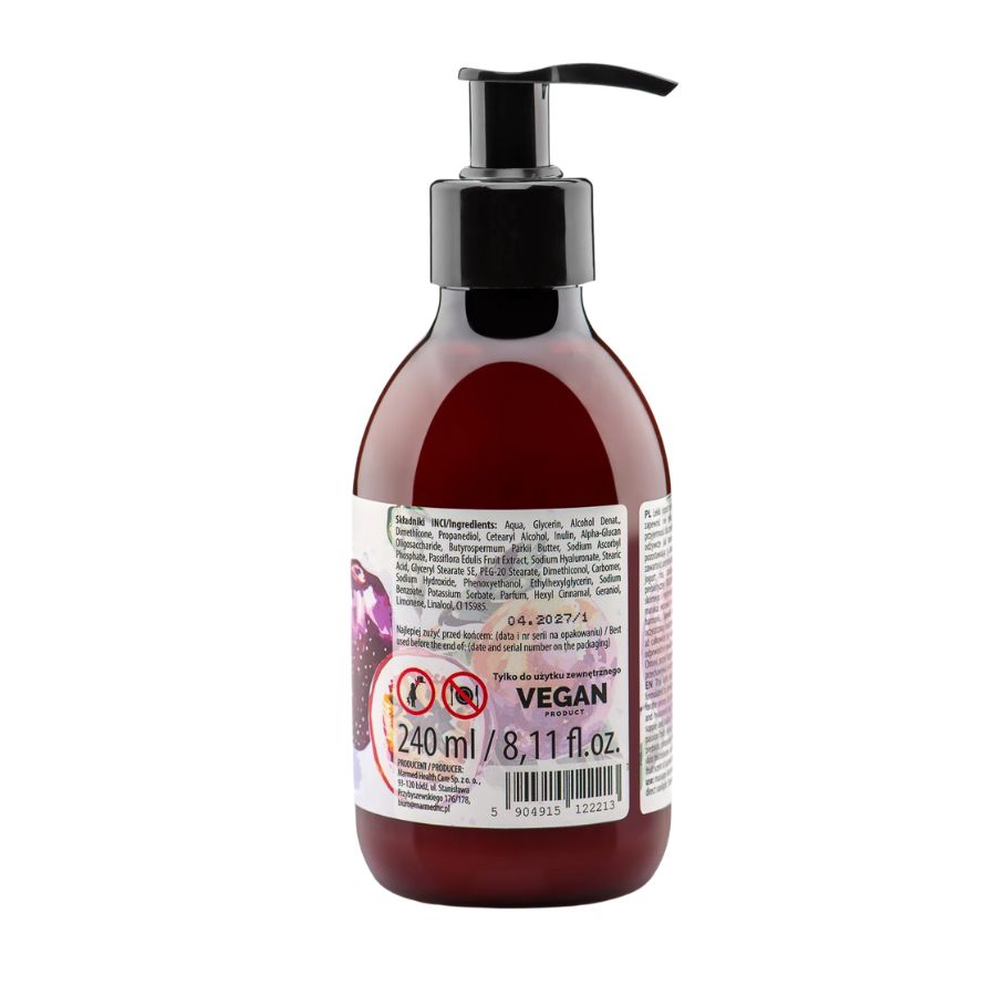 Rückseite der Körperjoghurt-Flasche. Schwarzer Pumpdeckel. Etikett mit Text, Inhaltsstoffen und Vegan-Siegel.