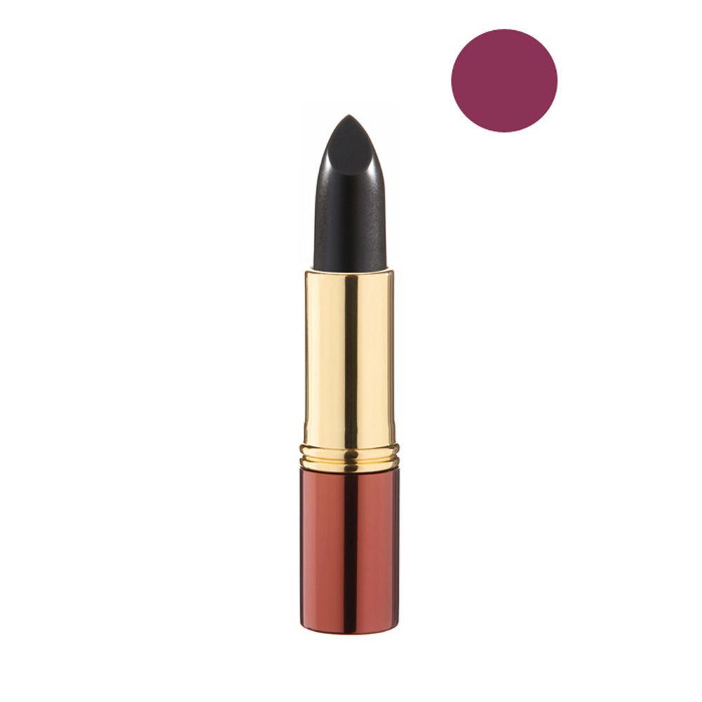 Lippenstift mit schwarzer Spitze in gold-brauner Hülse. Farbkreis in Kirschrot.