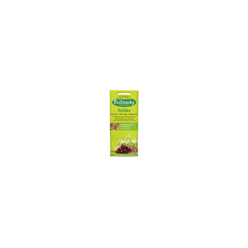 Verpackung von bioSnacky Rotklee Keimsaat. Grün-gelbe Verpackung mit Produktnamen und Logo. Sichtbare Keimsaat.