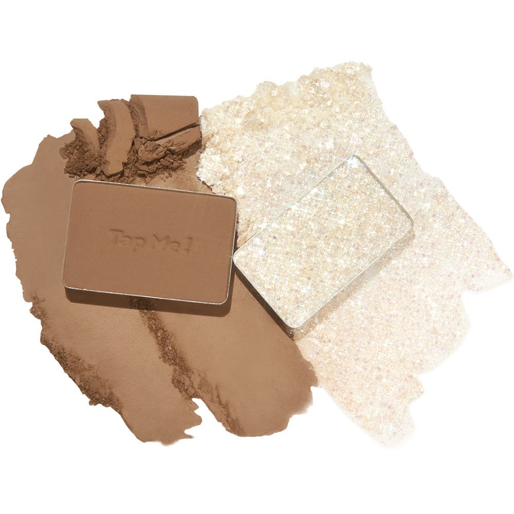 Kompaktbronzer und Highlighter-Palette mit glitzernder Textur. Bronzer ist matt, Highlighter schimmert.