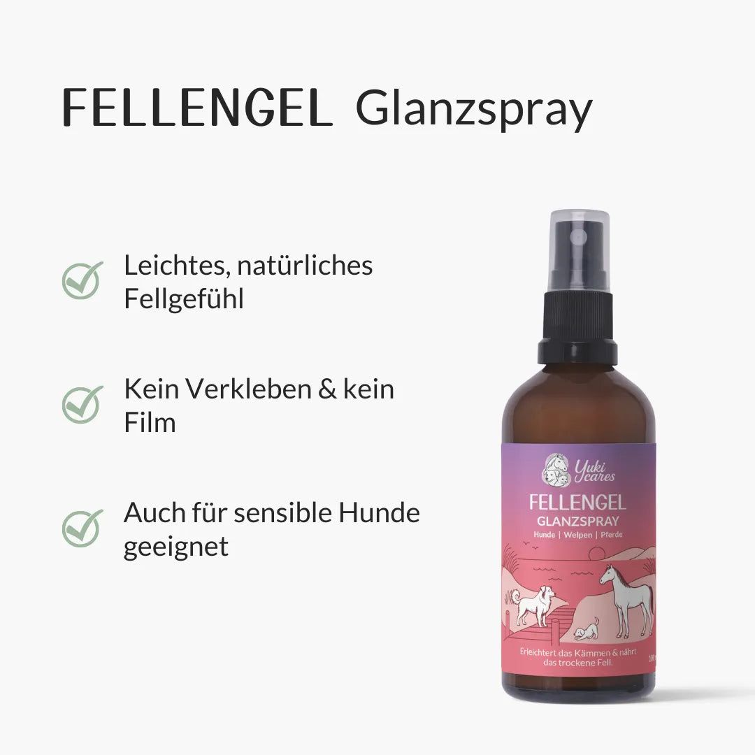 Braune Sprühflasche mit lila Etikett. Text: Fellengel Glanzspray. Hunde & Pferde. Grüne Häkchen.