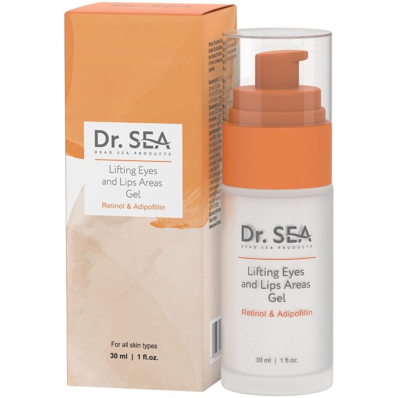 Gel-Flasche und Karton. Aufschrift: Dr. SEA, Lifting Eyes and Lips Areas Gel, Retinol & Adipofillin. Für alle Hauttypen.