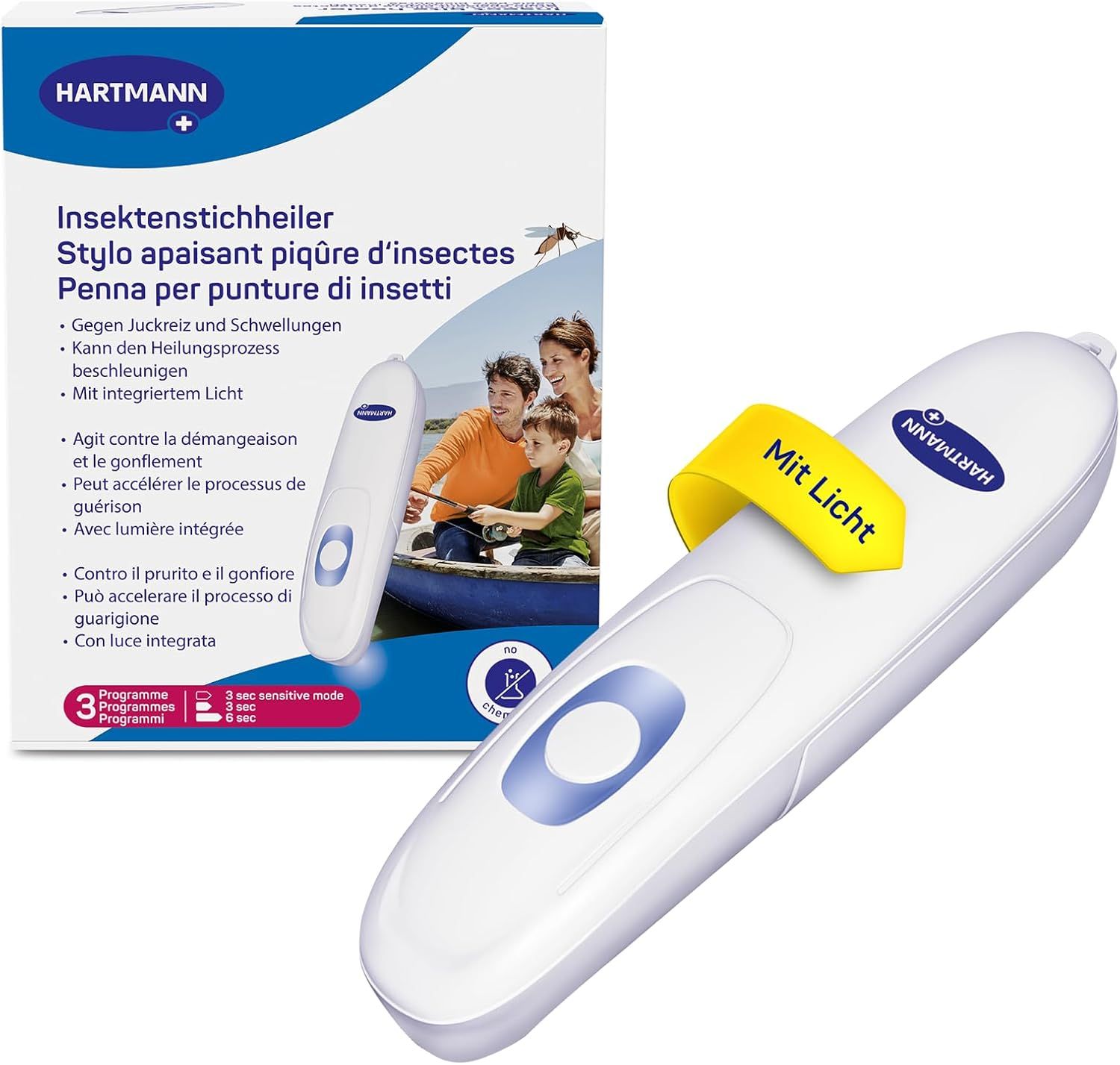 Weißes, stiftförmiges Gerät mit blauem Knopf und gelbem Band. Verpackung mit Produktabbildung und Text.