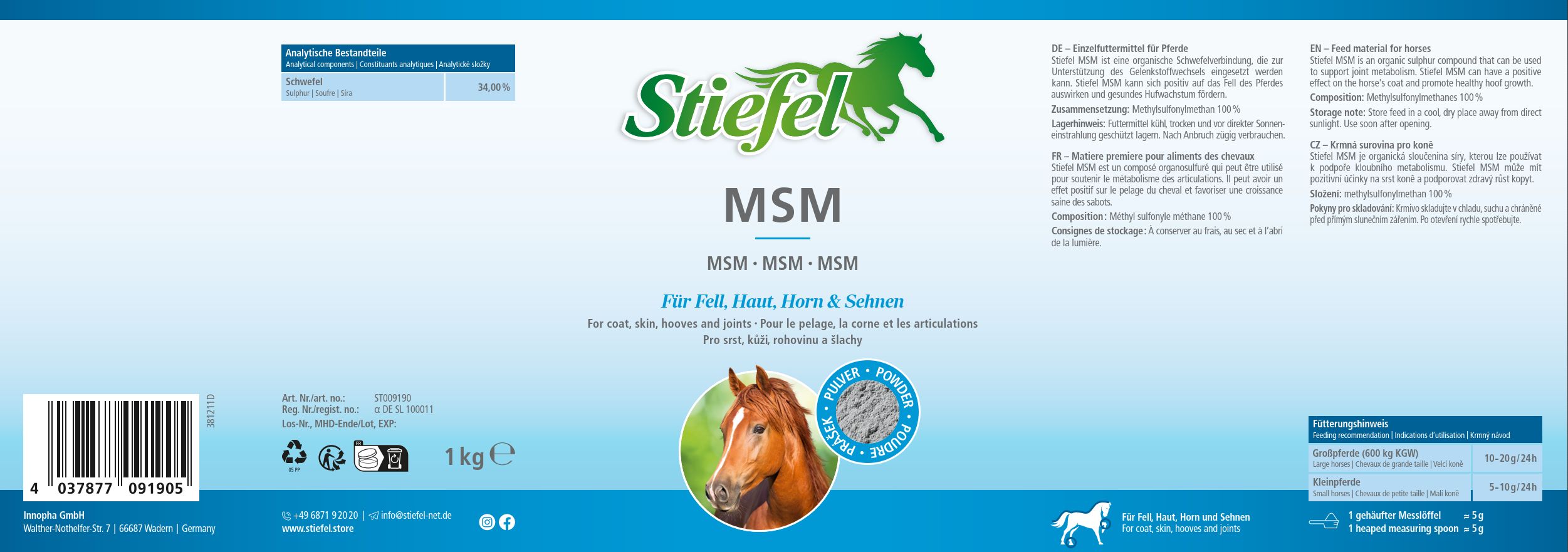 Blaues Etikett mit Text und Produktabbildung. Text: Stiefel MSM, für Fell, Haut, Horn & Sehnen. 1 kg. Mit Pferdeabbildung.