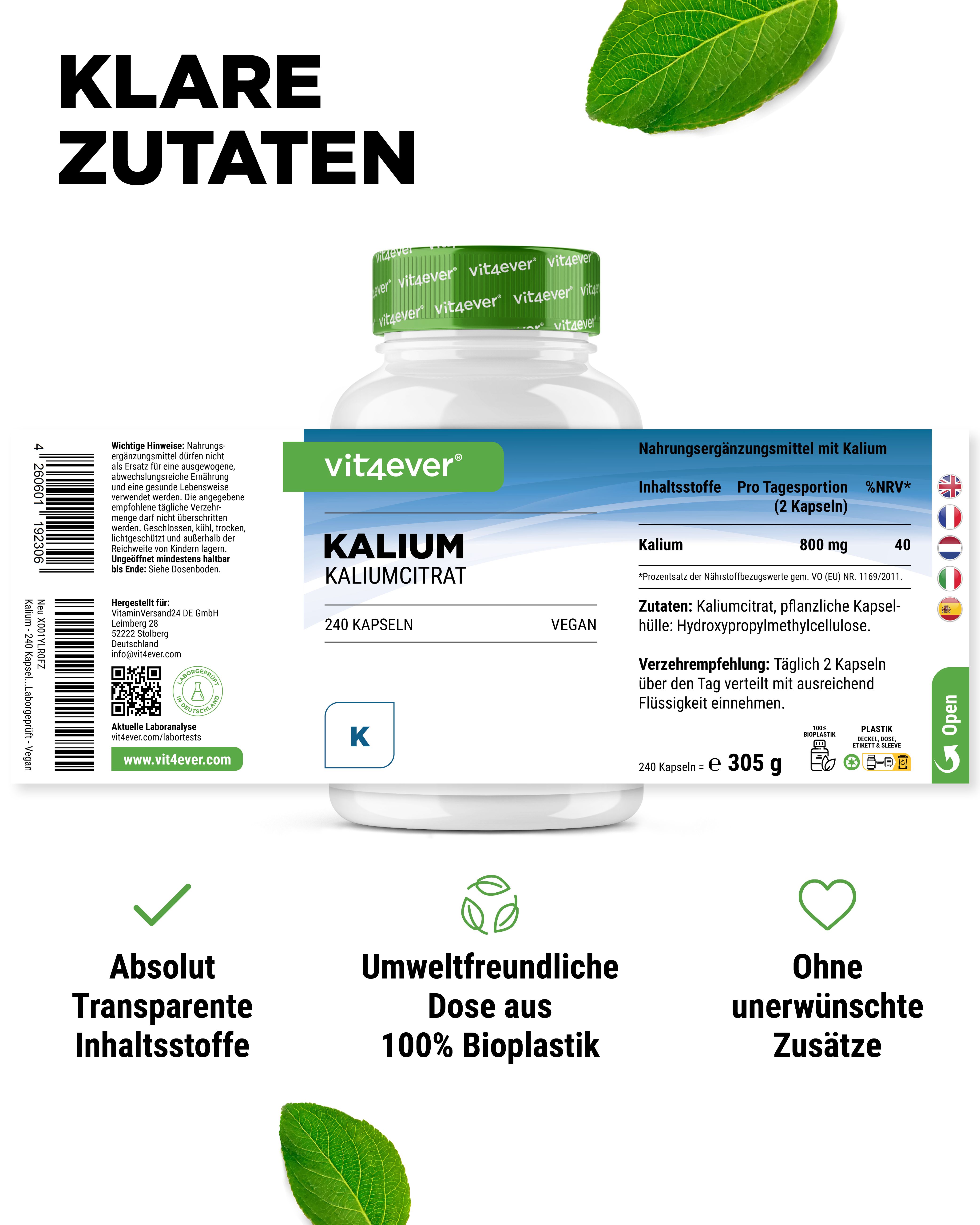 Flasche mit Kalium-Kapseln. Aufschrift: vit4ever, Kalium, 240 Kapseln, vegan. Angaben zu Inhaltsstoffen und Dosierung.