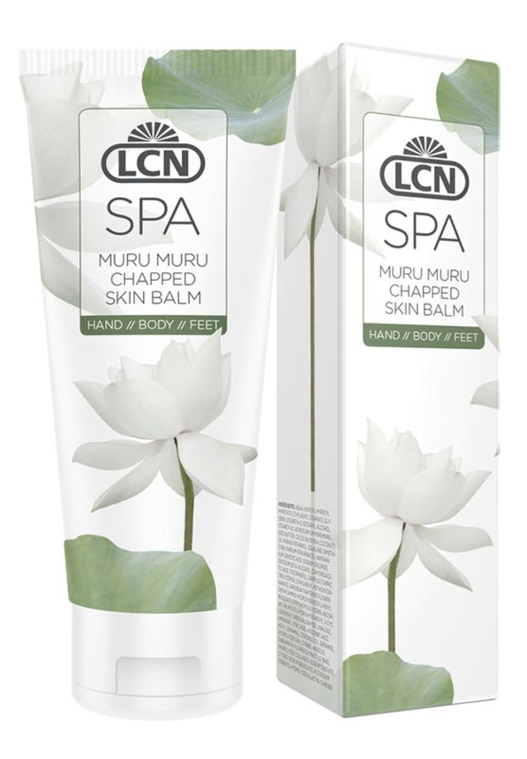Weißer Balsam-Tuben und -Karton. Aufschrift: LCN SPA, Muru Muru Chapped Skin Balm, Hand // Body // Feet. Abbildung einer weißen Lotusblüte.
