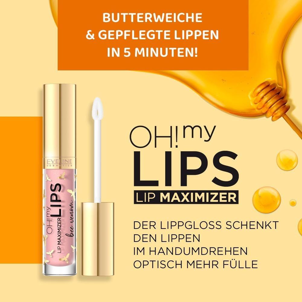 Eveline Cosmetics Oh! My Lips Lip Maximizer, Bienengift. Goldene Tube mit Applikator. Text und Honig-Illustration.