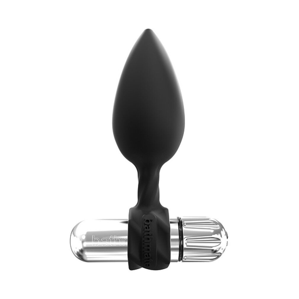 Schwarz, kegelförmiger Analplug mit Vibrator. Zylindrischer Vibrator-Körper mit Markenlogo. Auf weißem Hintergrund.
