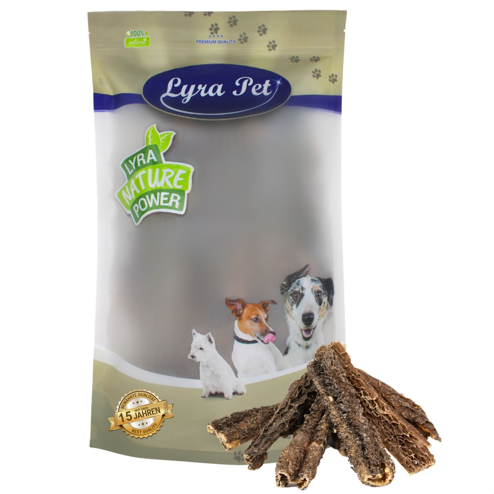 Eine Packung Lyra Pet Hundeleckerlis, mit getrockneten Rinderlungen vorne.