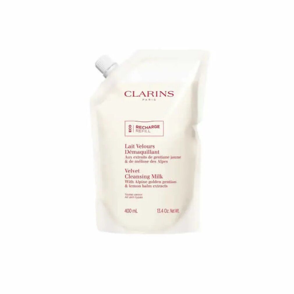 Nachfüllpackung für Make-up-Entferner. Weißer Beutel mit Ausgießer. Text: Clarins, Recharge, Lait Velours, 400 ml.