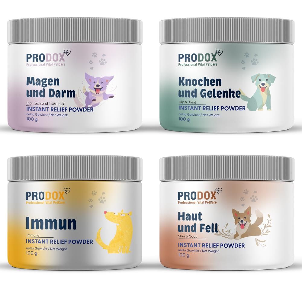 Vier Dosen nebeneinander. PRODOX: Magen und Darm, Knochen und Gelenke, Immun, Haut und Fell.