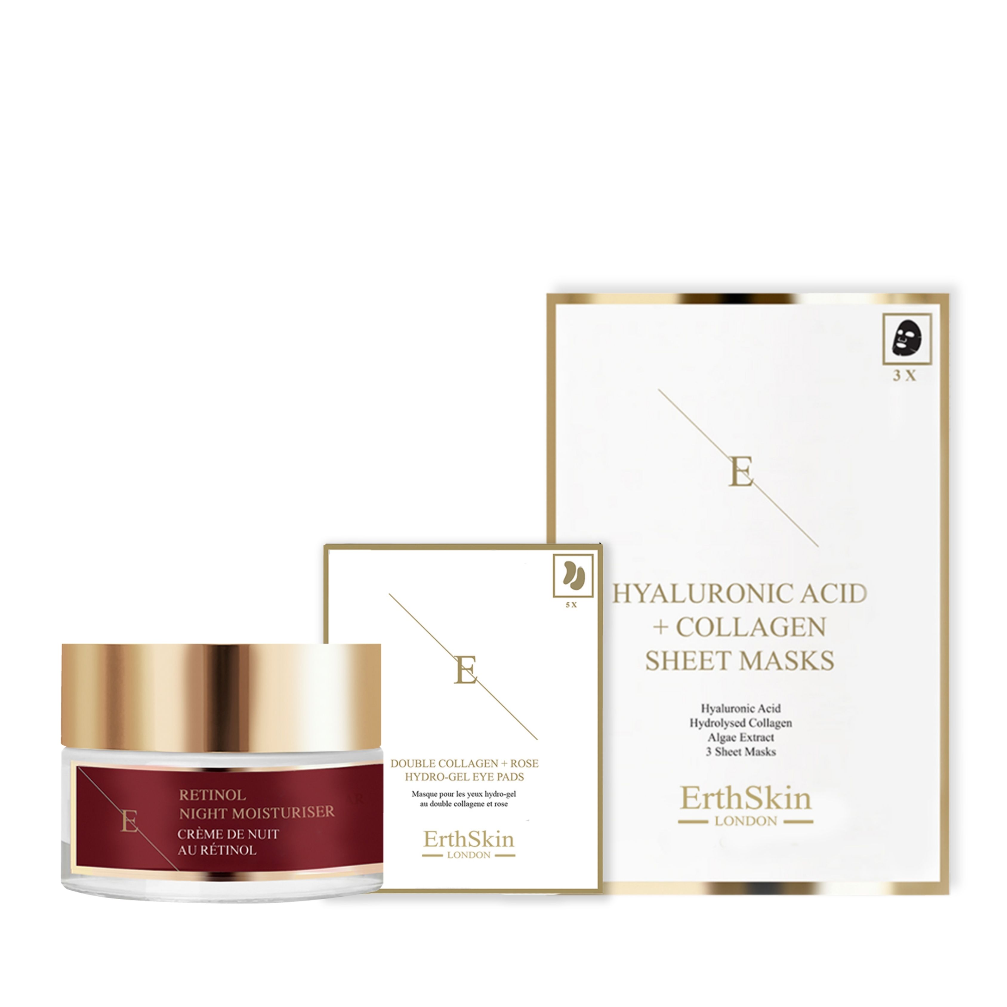 Pot de crème, patchs pour les yeux et paquet de masques. Inscription : ErthSkin London, Crème de nuit au rétinol, Masques en feuille à l'acide hyaluronique + collagène.
