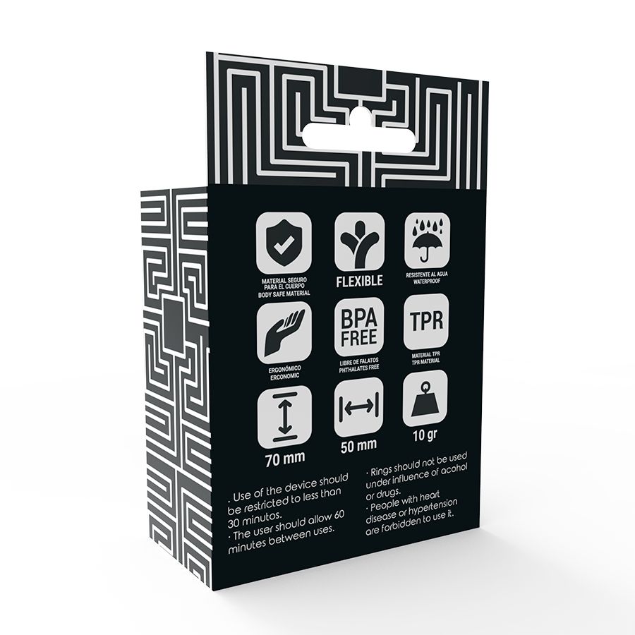 Verpackung mit Informationen. Text: Flexible, BPA Free, TPR, 70mm, 50mm, 10g. Warnhinweise. Schwarzes Design mit weißem Text.